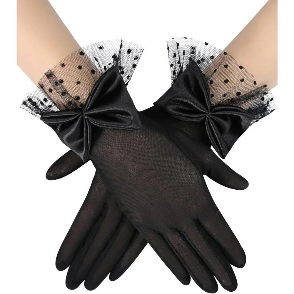 Women's Bow Lace Short Gloves Black Princess Wedding Evening Party Accessories